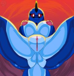 2018 anthro areola ass big_breasts blue_body blue_scales blue_skin breasts digital_media_(artwork) female foreshortening genital_focus genitals hi_res june_(justathereptile) justathereptile komodo_dragon lizard looking_at_viewer low-angle_view monitor_lizard nipples non-mammal_breasts nude pink_areola pink_nipples pink_pussy pussy red_eyes red_sky reptile scales scalie scutes sky solo surprise tail watermark