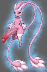 absurd_res anthro balls big_penis blue_eyes bodily_fluids femboy fur generation_4_pokemon genital_fluids genitals girly hi_res huge_cock hung_trap hybrid hyper hyper_genitalia hyper_penis lopunny male male_only mew nintendo penis pink_body pink_fur pokefusion pokemon pokemon_(species) precum short_stack thick_thighs wide_hips wolfmask