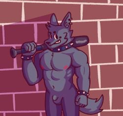 absurd_res anthro balls bat_(object) biceps bracelet brick_wall canid canine canis casual_nudity collar deltoids flaccid fur genitals hi_res holding_object holding_weapon humanoid_genitalia humanoid_hands humanoid_penis jewelry male mammal muscular muscular_anthro muscular_male navel nipples nude pecs penis solo solo_focus spiked_bracelet spiked_collar spikes thrisker wall_(structure) weapon wolf