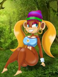 2023 anthro big_breasts blonde_hair bottomless bra breasts donkey_kong_(series) earrings female female_only jungle long_hair monkey monkey_girl nintendo no_panties smile solo superstarplasma tiny_kong winter_hat