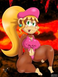 2023 aged_up anthro anthro_only bedroom_eyes big_breasts blonde_hair blush bra breasts dixie_kong donkey_kong_(series) earrings female female_only hat lava long_hair monkey nintendo nipples_visible_through_bra panties pussy_visible_through_panties solo superstarplasma tongue_out