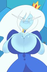 1girls adventure_time big_breasts blue_skin blush cleavage collar crown dress eyebrows eyelashes female female_focus female_only gem ice_queen ice_queen_(adventure_time) jewelry kath_hawkins large_breasts long_hair looking_at_viewer presenting_breasts solo solo_female solo_focus white_hair