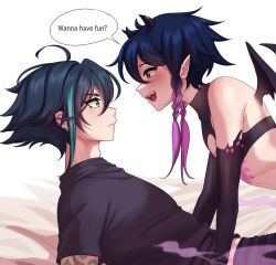 2boys ahoge alternate_costume annidrw arm_tattoo black_hair black_shirt blue_hair blush braid chest_tattoo cropped demon_horns demon_wings earrings fangs femboy gay genshin_impact girly gradient_hair green_hair jewelry male_focus male_only multicolored_hair open_mouth pants patreon pink_eyes purple_hair t-shirt tagme tattoo twin_braids venti_(genshin_impact) wings xiao_(genshin_impact) yaoi yellow_eyes