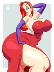 2022 adultart_(artist) arm_gloves artist_name big_breasts blush disney dress earrings green_eyes hair_over_one_eye hyper_ass hyper_thighs jessica_rabbit lipstick long_hair long_red_hair looking_at_viewer massive_thighs red_dress red_hair red_lipstick thunder_thighs who_framed_roger_rabbit wide_hips