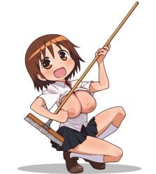 1girls :d big_breasts breasts breasts_out breasts_outside broom brown_eyes brown_hair exposed_breasts female female_only kakoogan kill_me_baby nipples open_shirt oribe_yasuna school_uniform shirt short_hair skirt smile