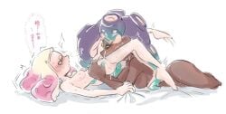 2girls ass blush breasts completely_nude cunnilingus dark-skinned_female dark_skin devouring_pussy female_only gradient_hair happy_sex interracial light-skinned_female marina_(splatoon) moribo multicolored_hair multiple_girls nude oral pearl_(splatoon) pussy_juice small_breasts speech_bubble splatoon splatoon_(series) splatoon_2 squirting suction_cups sweat tentacle_hair trembling yuri