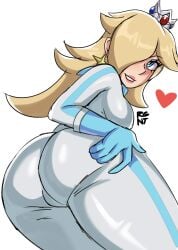 1girls 2020s 2023 ass ass_focus bike_outfit_(mario_kart) bimbo blonde_hair blue_eyes bodysuit crown earrings female female_only gloves hair_over_one_eye hand_on_butt heart hi_res long_hair looking_back mario_(series) mario_kart nintendo one_eye_obstructed princess_rosalina regentb01 scarf simple_background skin_tight smile solo star_earrings tight_clothing white_background