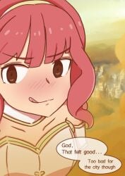 blush celica_(fire_emblem) destruction fart fire_emblem fire_emblem_echoes:_shadows_of_valentia giantess huge_fart looking_at_viewer pink_hair powerful_fart relief sadism sitting