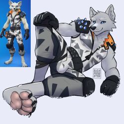 1:1 alternate_form anthro arctic_fox artist_name athletic athletic_anthro athletic_male bandage bandaged_leg barefoot belt blue_eyes bulge camo camo_clothing camo_print canid canine clothed_anthro clothed_male clothing diamobster digital_media_(artwork) epic_games feet fortnite fox fur gloves handwear hi_res knee_pads lying male male_anthro mammal on_side pattern_clothing pawpads shoulder_pads snow solo spiked_shoulder_pads spikes volpez_(fortnite) white_body white_clothing white_fur zipper