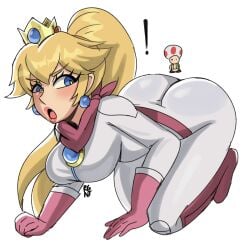 1boy 1girls all_fours ass belt bent_over blonde_hair blue_eyes bodysuit boots crown earrings gloves hi_res jewelry mario_(series) nintendo ponytail princess_peach regentb01 scarf skin_tight super_mario_bros._(2023_film) tight_clothing toad_(mario)