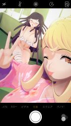 2girls 3d blonde_hair breasts closed_eyes clothed_female_nude_female covering_breasts covering_crotch danganronpa embarrassed embarrassed_nude_female female female_focus female_only naked_bandage navel nude purple_hair saionji_hiyoko standing straight_hair tongue tongue_out tsumiki_mikan ultimateenf v wink winking winking_at_viewer