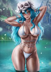 1girls absurd_res absurdres arm_up armpit armpits arms_up arrancar bare_arms bare_shoulders bare_skin bare_stomach bare_thighs big_breasts bikini bleach blue_hair bra breasts busty child_bearing_hips clothed clothing dandon_fuga female female_focus female_only fit fit_female green_eyes high_resolution highres hips large_breasts large_filesize light-skinned_female light_skin long_hair looking_at_viewer navel navel_piercing necklace nelliel_tu_odelschwanck panties skull skull_head skull_mask standing swimsuit thick_thighs thighs toned_body toned_female toned_stomach underwear very_high_resolution water wet wet_body wet_skin wet_thighs white_bikini white_bikini_bottom white_bikini_top white_bra white_clothes white_clothing white_panties white_underwear