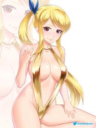 1girls bare_arms bare_legs bare_shoulders blonde_hair blue_ribbon breasts brown_eyes commentary commission english_commentary etchimune fairy_tail female female_only hair_ribbon large_breasts looking_at_viewer lucy_heartfilia one-piece_swimsuit pink_lips ribbon side_ponytail slingshot_swimsuit smile solo swimsuit thighs yellow_one-piece_swimsuit zoom_layer