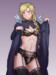 1girls black_bra black_panties black_thighhighs blonde_hair blush bra braid breasts closed_mouth dio_brando feathers female female_dio female_focus garter_straps genderswap_(mtf) humanoid jojo's_bizarre_adventure light-skinned_female light_skin lingerie long_hair looking_at_viewer medium_breasts navel orange_eyes panties phantom_blood rule_63 spitonmyart stomach sweatdrop thighhighs underwear undressing vampire villainess