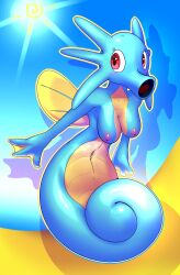 anthro anthro_only anthrofied belly belly_button blush breasts elpatrixf horsea looking_back nipples pokémon_(species) pokemon seahorse sunlight water webbed_hands