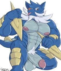 abs anthro anthrofied areola armor balls biceps big_balls big_muscles big_penis blep bodily_fluids boner castrodour claws cum digital_media_(artwork) erection feral fur generation_5_pokemon genital_fluids genitals hair headgear helmet hi_res horn huge_muscles humanoid_genitalia humanoid_penis looking_at_viewer male male_only mammal muscular muscular_anthro muscular_male nintendo nipples nude pecs penis pokemon pokemon_(species) samurott simple_background smile solo tongue tongue_out vein whiskers white_body white_fur