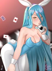 1girls azura_(fire_emblem) bare_shoulders blue_hair breasts bunny_ears bunny_girl bunnysuit card cleavage collarbone female female_only fire_emblem fire_emblem_fates hair_between_eyes large_breasts leaning_forward leotard light_blue_hair long_hair looking_at_viewer nintendo pantyhose rinku_bny shoulders solo thighs very_long_hair yellow_eyes