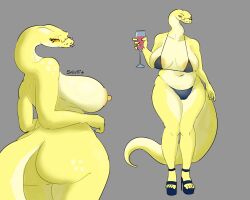 2023 alcohol anthro ass belly beverage big_breasts bikini bikini_bottom bikini_top breasts burmese_python clothed clothing container cup drinking_glass eyewear female footwear forked_tongue glass glass_container glass_cup glasses grey_background hi_res high_heels holding_glass holding_object jani_scales looking_at_viewer navel nipples python rear_view reptile scales scalie simple_background skimpy skimpy_bikini skwmt4 snake solo standing swimwear tongue tongue_out wine wine_glass yellow_body yellow_scales