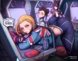 3girls ahoge arcade arcade_cabinet ass ass_up big_ass black_hair blonde_hair blue_eyes bracelet brown_eyes brown_hair cammy_stretch cammy_white can capcom cellphone chun-li coin cropped_jacket cup dated disposable_cup double_bun drill_hair drinking drinking_straw drinking_straw_in_mouth earrings energy_tank english_commentary english_text female female_only fingerless_gloves gloves hair_bun hair_horns hair_ribbon hershuar huge_ahoge human indoors jewelry juri_han leaning_on_object looking_at_viewer multicolored_hair multiple_girls pants phone pink_eyes pink_hair ribbon scar scar_on_cheek scar_on_face seductive seductive_look short_hair smartphone smartphone_case soda_can spiked_bracelet spikes spoken_object streaked_hair street_fighter street_fighter_6 text tight tight_pants twin_drills twitter_username two-tone_hair union_jack