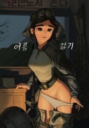 camouflage half-dressed hat horny imminent_sex korean_text military military_uniform night nipple_bulge pulling_panties rifleman1130 short_hair sweat sweatdrop sweating