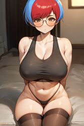 1girls aged_up ai_generated amiral_ai blue_hair blush breasts female glasses huge_breasts legwear light-skinned_female light_skin nintendo panties penny_(pokemon) pokemon pokemon_sv red_hair short_hair tank_top thick_thighs thighs two_tone_hair underwear