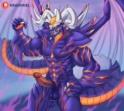 abs anthro balls bicep_curl biceps claws demon digital_media_(artwork) dragon erection fire_emblem fire_emblem:_the_sacred_stones flexing flexing_bicep fomortiis_(fire_emblem) genitals glowing horn kraidhiel looking_at_viewer male membrane_(anatomy) membranous_wings muscular muscular_male nintendo nude patreon patreon_username pecs penis pose purple_body scalie serratus simple_background solo solo_male tail teeth triceps wings
