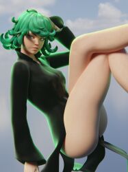 1girls 3d black_dress blender crossover dress female female_only green_eyes green_hair gretdb kiriko_(overwatch) legs long_legs looking_at_viewer one-punch_man overwatch overwatch_2 solo tagme tatsumaki_(cosplay) terrible_tornado_kiriko