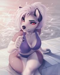 2022 anthro bikini black_body black_fur breasts canid canid_demon cleavage clothed clothing demon digital_media_(artwork) ear_piercing ear_ring female female_anthro fur grey_body grey_fur hair hellhound helluva_boss loona_(helluva_boss) mammal multicolored_body multicolored_fur piercing ring_piercing shaded smileeeeeee solo swimming_pool swimwear water white_body white_fur white_hair