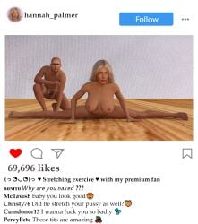 3d big_breasts blonde_hair erection exercise fit_female hannah_palmer indoors instagram instagram_model jollybizz long_hair male model naked_female naked_male onlyfans_model penis slim_waist stretching tanned