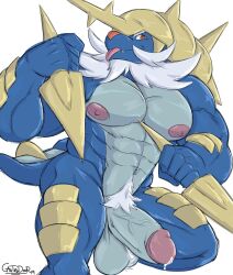 abs anthro anthrofied areola armor balls biceps big_balls big_muscles big_penis bodily_fluids boner castrodour clothing digital_media_(artwork) erection fur generation_5_pokemon genital_fluids genitals hair headgear headwear helmet hi_res horn huge_muscles humanoid_genitalia humanoid_penis looking_at_viewer male male_only mammal muscular muscular_anthro muscular_male nintendo nipples nude pecs penis pokemon pokemon_(species) pokemorph samurott simple_background solo vein weapon