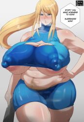 1girls alternate_breast_size blonde_hair blush chubby erect_nipples hairy_pussy happy_trail huge_breasts metroid mole mole_under_mouth nipples_visible_through_clothing overweight plump plump_breasts plump_thighs ponytail samus_aran short_sleeves steaming_body thick_thighs thighs venus_body voluptuous zeroqrisu