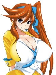 1girls anime_style asymmetrical_hair athena_cykes blue_eyes breast_expansion cleavage earrings female female_only gyakuten_saiban hair_ornament huge_breasts konno_tohiro nipple_bulge nipples orange_hair smile third-party_edit very_long_hair