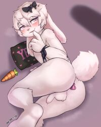 <3_eyes absurd_res accessory anal anal_sex anthro ass balls blush buttplug buttplug_in_ass buttplug_insertion carrot erection fluffy fluffy_tail food fur genitals girly hair hair_accessory hair_ribbon heart heart_buttplug hi_res j8k_s lagomorph leporid lying male_only mammal object_in_ass on_side penetration penis penis_shadow pillow plant plug_(sex_toy) plug_insertion rabbit ribbons sex_toy sex_toy_in_ass sex_toy_insertion smile solo tail vegetable white_body white_fur white_hair