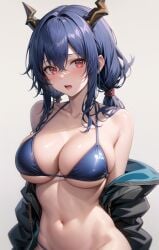 1girls 2023 :o ai_generated anime_nose arknights bare_shoulders belly belly_button big_breasts bikini bikini_top blue_hair blush breasts busty ch'en_(arknights) cleavage collarbone curvaceous curvy_body curvy_female curvy_figure cute dragon_girl dragon_horns embarrassed female female_focus female_only hair_between_eyes high_resolution highres hips horned_female horned_humanoid horns huge_breasts jacket jacket_partially_removed large_breasts light-skinned_female light_skin long_hair long_sleeves looking_at_viewer massive_breasts midriff open_mouth red_eyes seductive seductive_look shy simple_background solo solo_female stable_diffusion stomach tight_bikini tight_clothing twintails very_long_hair voluptuous voluptuous_female waist white_background wide_hips