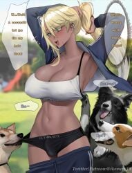 1futa 3dogs animal arms_up athletic big_breasts blonde_hair blush breasts bulge canine clothed clothing dark-skinned_futanari dark_skin dialogue dog english_text fullta_futanari fully_clothed futanari huge_breasts human ikemeru19 large_breasts long_hair navel original panties penis_bulge small_penis solo sports_bra standing text tied_hair