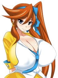 1girls anime_style asymmetrical_hair athena_cykes blue_eyes breast_expansion cleavage earrings female female_only gigantic_breasts gyakuten_saiban hair_ornament huge_breasts konno_tohiro nipple_bulge nipples orange_hair smile third-party_edit very_long_hair