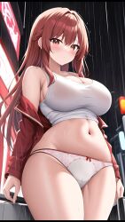 1girls ai_generated big_ass big_breasts blazer brown_eyes brown_hair city city_background jacket light-skinned_female light_skin midriff navel neon_lights panties raining red_blazer red_jacket skotlkw tank_top thick_thighs underwear wet wet_clothes white_panties white_tank_top