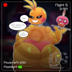 animatronic ass camera_view chicken cupcake english_text female five_nights_at_freddy's fnaf huge_ass huge_breasts phantomsempai solo toy_chica_(fnaf)