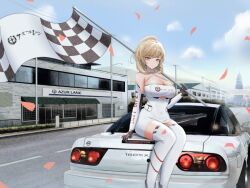 1girls alternate_costume azur_lane blonde_hair breasts car checkered_flag choker clouds dress flag gloves holding_flag kcar66t large_breasts light-skinned_female light_skin looking_at_viewer nissan nissan_180sx official_alternate_costume outside ponytail prince_of_wales_(azur_lane) prince_of_wales_(the_laureate's_victory_lap)_(azur_lane) race_car red_eyes royal_navy_(azur_lane) sitting sitting_on_car sky thighhigh_boots white_dress