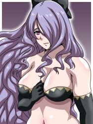 1girls bare_shoulders bra breasts camilla_(fire_emblem) collarbone elbow_gloves female female_only fire_emblem fire_emblem_fates gloves hair_over_one_eye inabakun00 large_breasts long_hair looking_down nintendo pink_eyes purple_hair shoulders solo underwear very_long_hair