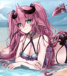 beach big bikini blue_eyes breasts crossed_arms doresia doresiavt horns irelyth lying_on_stomach micro_bikini mini_skirt miniskirt pink_hair purple_bikini purple_skirt purple_swimsuit smug_face succubus tail virtual_youtuber