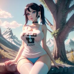 ai_generated alina audiostick black_hair blue_eyes bottom_heavy breasts choker cleavage detailed_background earrings hourglass_figure large_breasts looking_at_viewer mountain narrow_waist necklace panties ponytail sitting slim_waist small_waist stable_diffusion tank_top thigh_strap thighhighs thin_waist tiny_waist tree wide_hips