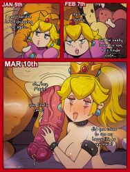 1boy 1girls areolae armband armlet before_and_after big_penis blonde_hair blue_eyes blush bowser breasts collar comic crown dialogue english_text female female_focus hasselnut heavy_blush height_difference hi_res kiss_mark lipstick_mark lipstick_on_penis long_hair looking_at_viewer male mar10_day mario_(series) narrowed_eyes nintendo nipples nude nude_female penis penis_grab pink_lips pink_lipstick ponytail princess_peach smeared_makeup smiling smiling_at_viewer spiked_armlet spiked_collar steam talking_to_viewer text wolfgang_bang