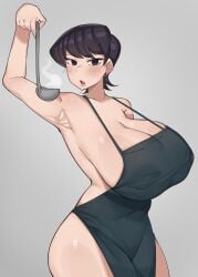 1girls apron apron_only arm_up armpit black_eyes black_hair blush bobtheneet cleavage earrings female holding_ladle hourglass_figure huge_breasts komi-san_wa_komyushou_desu komi_can't_communicate komi_shuuko ladle light-skinned_female light_skin looking_at_viewer mature_female milf naked_apron nude nude_apron nude_female pale-skinned_female pale_skin short_black_hair short_hair sideboob steam thick_thighs