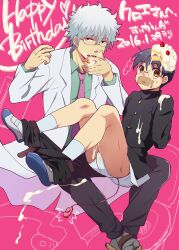 2016 2boys age_difference arms_behind_back black_hair briefs brown_eyes cake class_3-z food full_body gakuran gay gintama gintoki_sakata glasses happy_birthday labcoat looking_at_viewer male male_only official_alternate_costume older_man_and_younger_boy pants_down pink_background school_uniform schoolboy shimura_shinpachi suggestive_fluid suika_soda tape_gag taped_mouth teacher teacher_and_student teen_boy teenager underwear uwabaki vibrator vibrator_cord white_hair yaoi