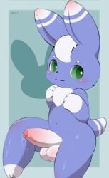 balls blush bodily_fluids fisuku generation_6_pokemon genital_fluids genitals hi_res looking_at_viewer male meowstic nintendo penis pokemon pokemon_(species) precum simple_background solo