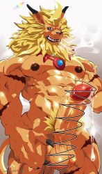 absurd_res bandai_namco blonde_hair blue_eyes bodily_fluids censored cum digimon digimon_(species) erection genital_fluids genitals hair hi_res humanoid_genitalia humanoid_penis jewelry leomon logan_sato male male_only mane muscular nipples penis pubes scar solo vein veiny_penis