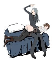 2girls bed bedroom black_pants black_pantyhose boots breasts brown_hair buisness_suit butt grey_hair hand_on_back high_heels incest long_hair long_sleeve_shirt makoto_niijima medium_breasts necklace over_the_knee over_the_knee_spanking ozkh painted_fingernails pant_suit panties panties_down pants pantyhose pantyhose_down persona persona_5 pleated_skirt punishment punishment_spanking red_eyes sae_niijima school_uniform short_hair shuujin_academy_uniform siblings sisters sitting_on_bed skirt skirt_lift spanking suit white_panties white_shirt