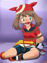 1girls ankle_socks anklehighs arms_tied_behind_back ball_gag bandana bike_shorts black_socks blue_eyes bondage breasts brown_hair crotch_rope fanny_pack gag gagged gloves may_(pokemon) nintendo pokeball pokemon pokemon_rse red_shirt rope rope_bondage running_shoes shibari_over_clothes shirt short_hair shorts small_breasts socks wanderer_(furafuradou)