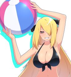 1girls beach_ball bikini black_bikini black_swimsuit blonde_hair breasts cynthia_(pokemon) hair_ornament hair_over_one_eye holding_beachball large_breasts long_hair looking_at_viewer madoka_(user_zrnk8278) midriff navel nintendo pokemon pokemon_dppt smiling smiling_at_viewer swimsuit yellow_eyes